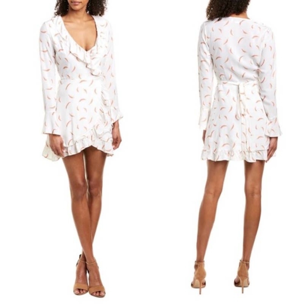 Anthropologie White Mini Wrap Dress with Peach Crescent Print